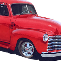 Chalk and marker drawing of a classic car, links to Illustration portfolio